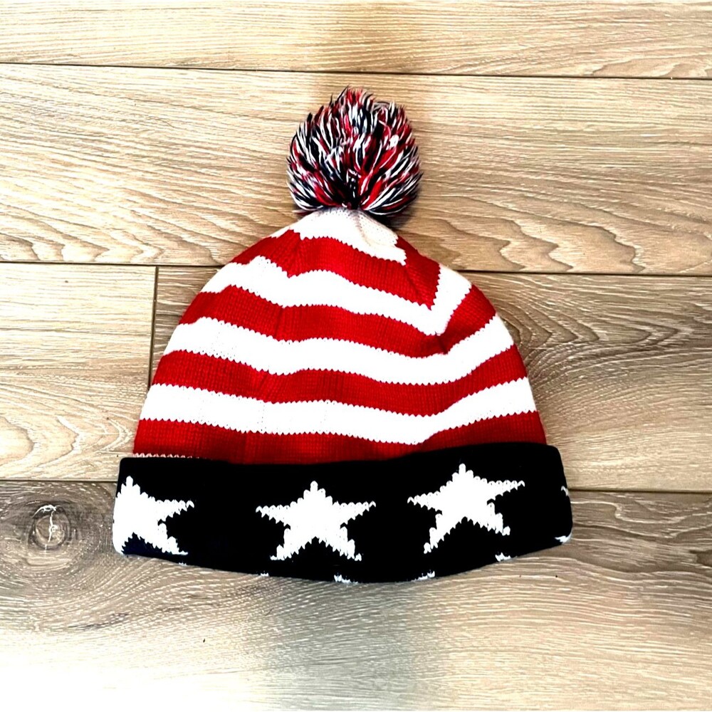 Old Navy USA Flag Stars Stripes Knit Watch Cap Winter Beanie Hat Toque Pom Adult
